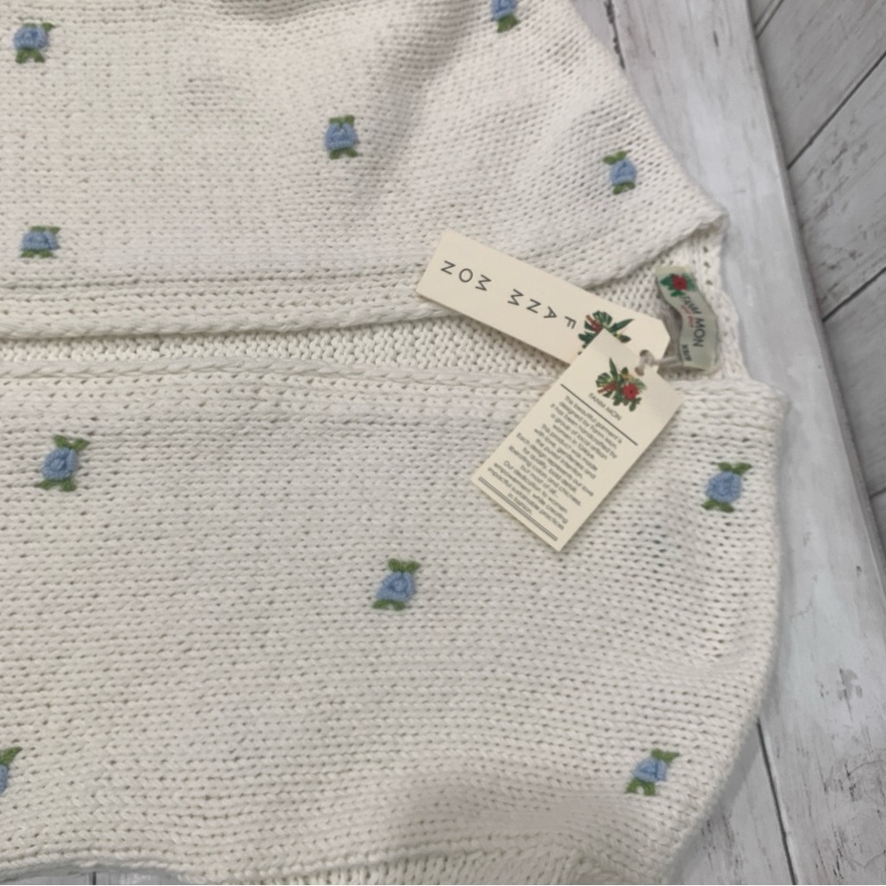 Fanm Mon Hand Knit embroidered blue rose cardigan cotton handcrafted XS/S NEW - Picture 12 of 15